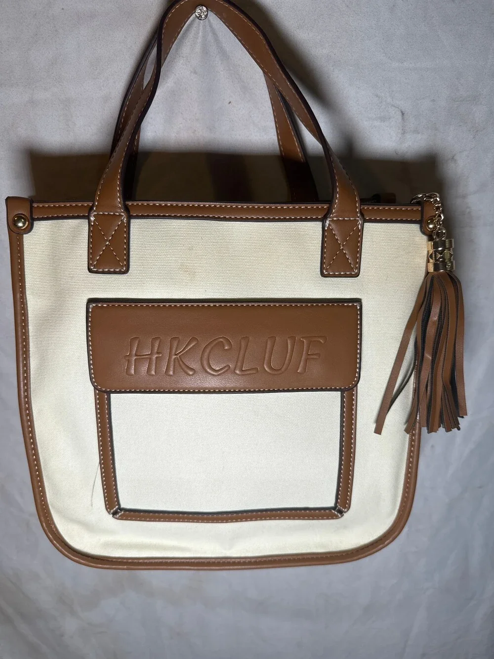 HKCLUF Crossbody Bag Cream Brown Vegan Leather Tassel Accent